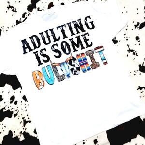 Adulting Western Bull Skull White T-Shirt Short Sleeve Graphic Tee